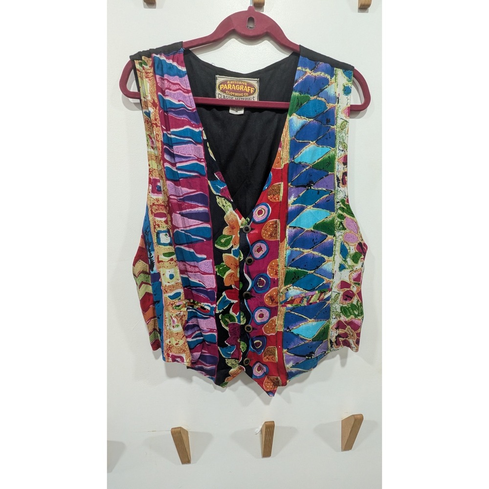 Vtg Paragraff Multi Color Abstract geometric Button Front Cinch Back Vest Medium